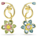 Idyllia drop earrings Asymmetrical design, Mixed cuts, Flower, Multicolored, Gold-tone plated