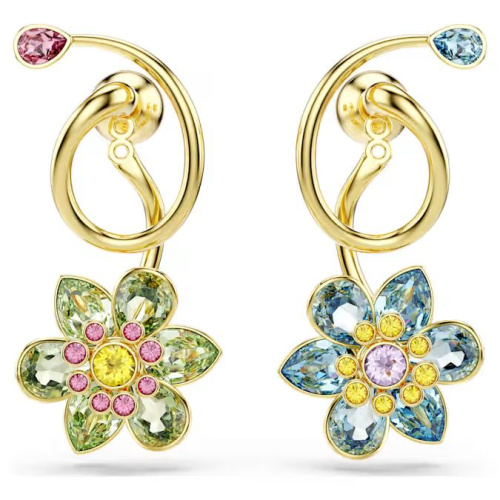 Idyllia drop earrings Asymmetrical design, Mixed cuts, Flower, Multicolored, Gold-tone plated