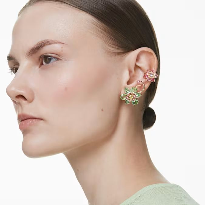 Idyllia ear cuff Set (3), Asymmetrical design, Mixed cuts, Flower, Multicolored, Gold-tone plated