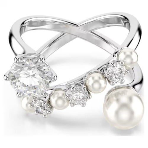 Matrix cocktail ring Crystal pearl, Round cut, White, Rhodium plated