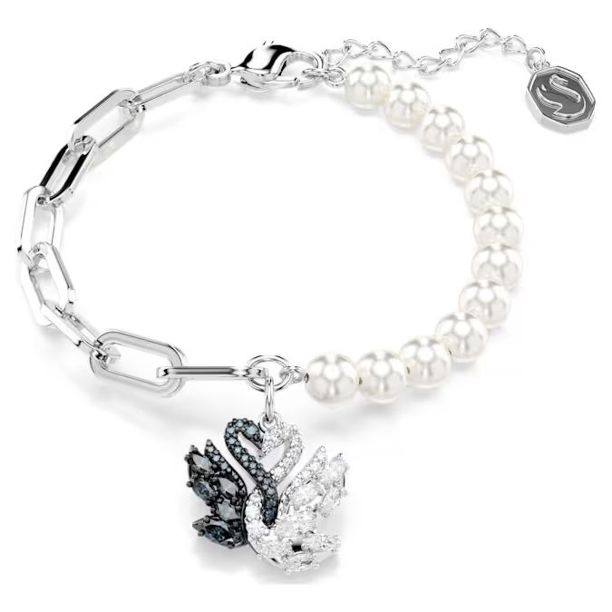 Swan bracelet Crystal pearl, Swan, Black, Rhodium plated