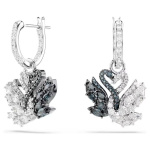 Swan drop earrings Swan, Black, Rhodium plated