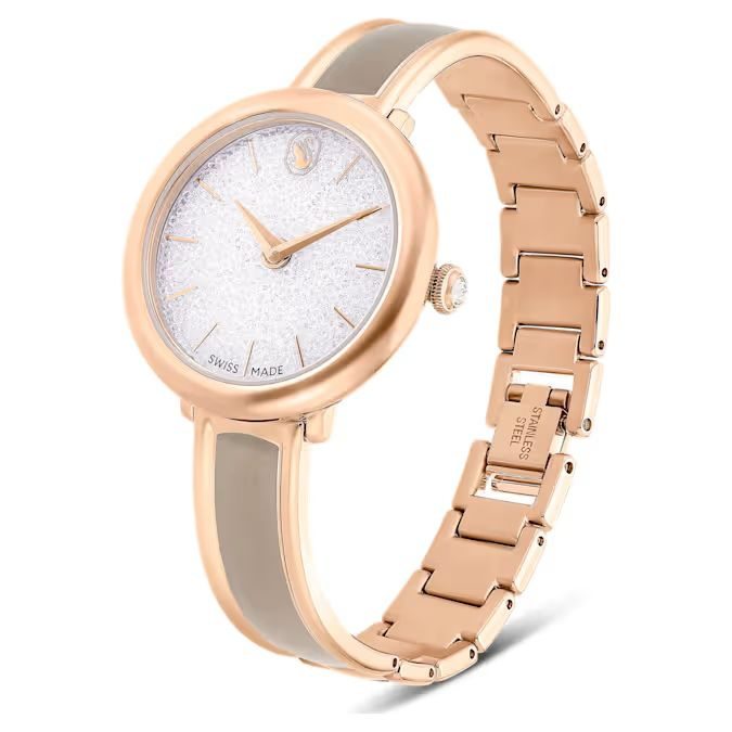 Crystalline Bangle watch Swiss Made, Metal bracelet, Beige, Rose gold-tone finish