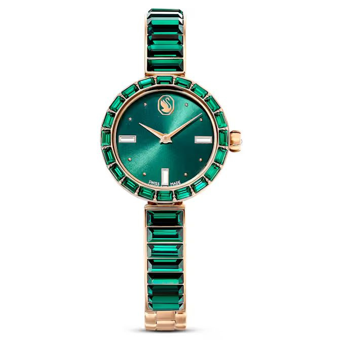 Matrix Bangle watch Swiss Made, Crystal bracelet, Green, Champagne gold-tone finish