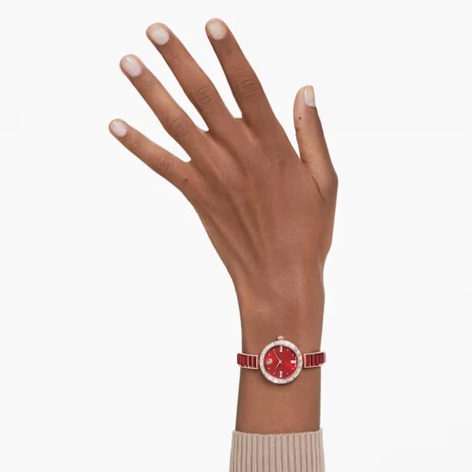 Matrix Bangle watch Swiss Made, Crystal bracelet, Red, Rose gold-tone finish