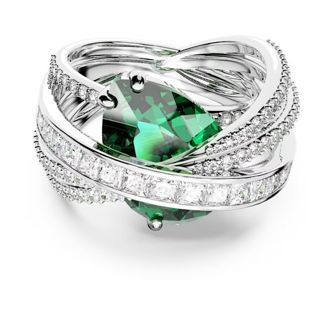 Hyperbola cocktail ring Carbon neutral zirconia, Mixed cuts, Four bands, Green, Rhodium plated