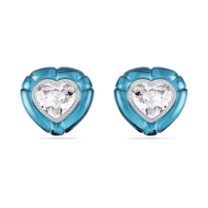 Dulcis clip earrings Heart cut, Pavé, Heart, Blue, Rhodium plated