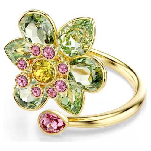 Idyllia open ring Mixed cuts, Flower, Green, Gold-tone plated