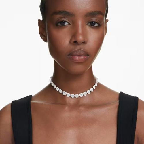 Ariana Grande x Swarovski Tennis choker Mixed cuts, Heart, White, Rhodium plated