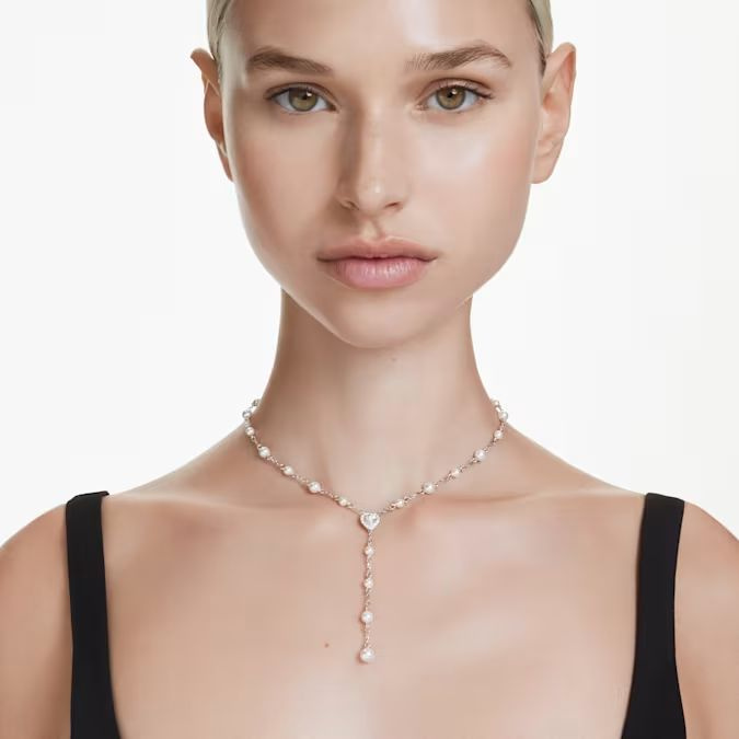 Ariana Grande x Swarovski Y necklace Crystal pearl, Mixed cuts, Heart, White, Rhodium plated