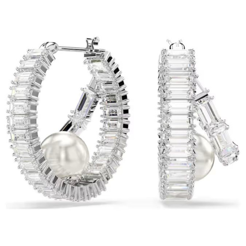 Ariana Grande x Swarovski hoop earrings Crystal pearl, Baguette cut, White, Rhodium plated