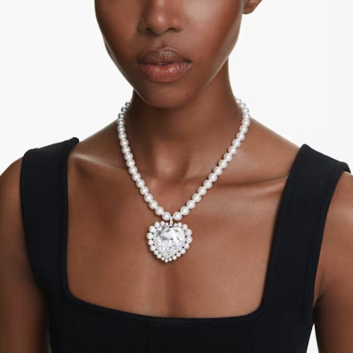 Ariana Grande x Swarovski necklace Crystal pearl, Heart cut, Heart, White, Rhodium plated