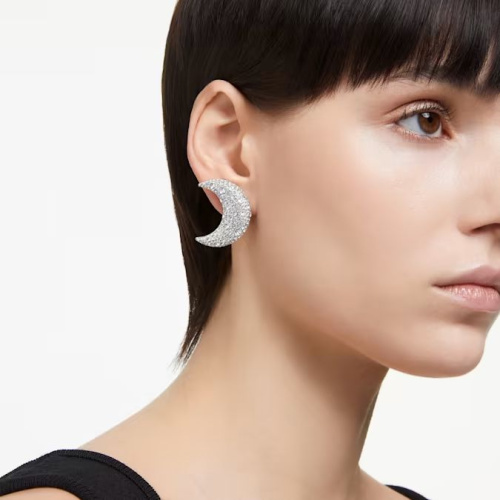 Luna clip earrings Moon, White, Rhodium plated