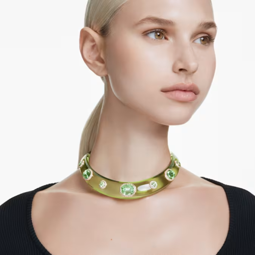 Choker Mixed cuts, Green, Gold-tone plated