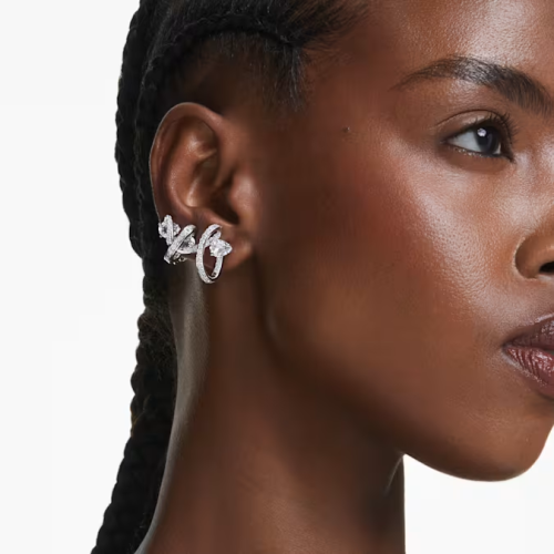 Hyperbola ear cuff Mixed cuts, White, Rhodium plated