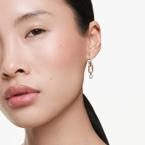 Constella drop earrings Crystal pearl, Round cut, White, Rose gold-tone plated