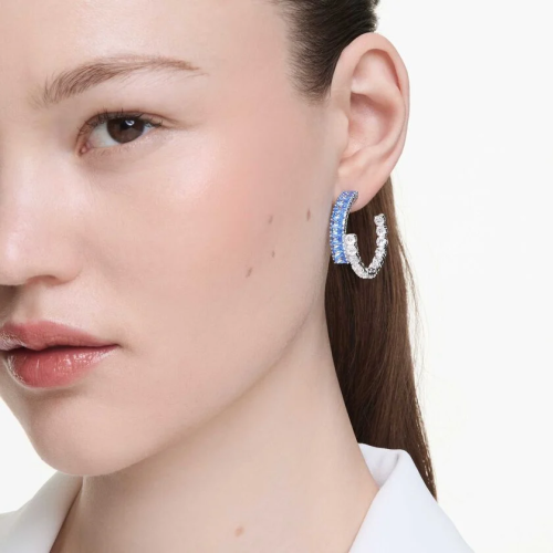 Matrix hoop earrings Mixed cuts, Blue, Rhodium plated