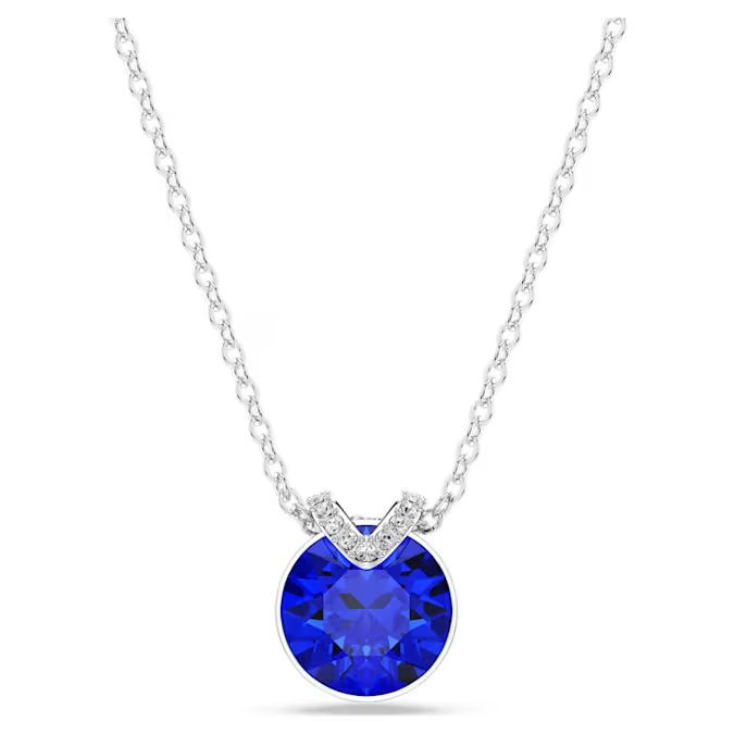 Bella V pendant Round cut, Blue, Rhodium plated