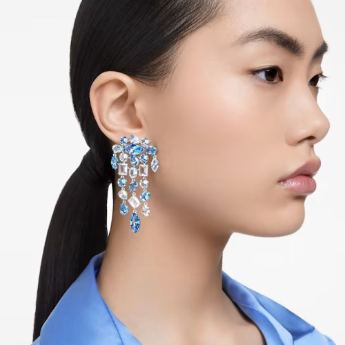 Gema clip earrings Mixed cuts, Chandelier, Extra long, Blue, Rhodium plated