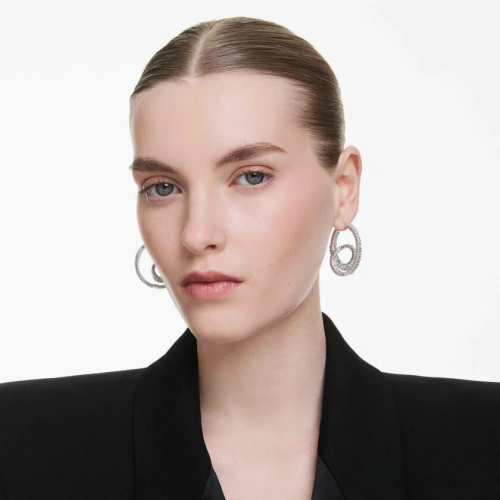Matrix hoop earrings Baguette cut, Ribbon, White, Rhodium plated