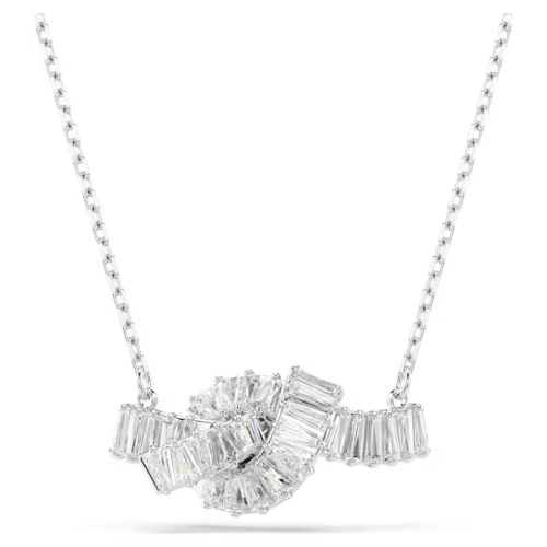 Matrix pendant Baguette cut, Knot, White, Rhodium plated