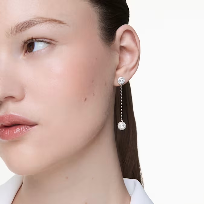 Una, drop earrings, White, Rhodium plated