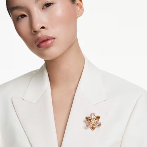 Idyllia pendant and brooch Mixed cuts, Flower, Multicolored, Gold-tone plated