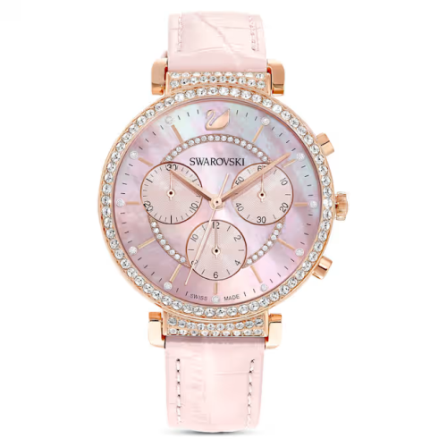 Passage Chrono watch Swiss Made, Leather strap, Pink, Rose gold-tone finish