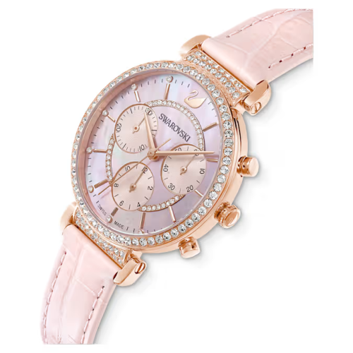 Passage Chrono watch Swiss Made, Leather strap, Pink, Rose gold-tone finish