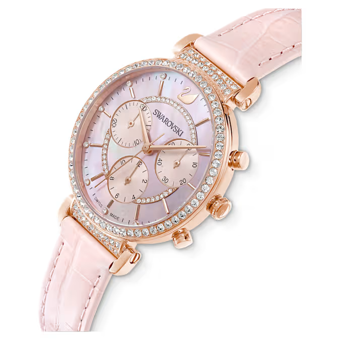 Passage Chrono watch Swiss Made, Leather strap, Pink, Rose gold-tone finish