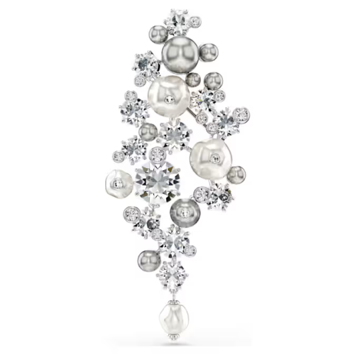 Constella brooch Crystal pearl, Round cut, White, Rhodium plated