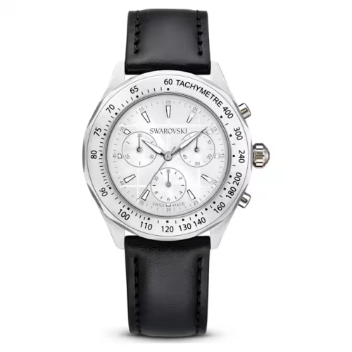 Dextera tachymetre watch Swiss Made, Leather strap, Silver tone, Stainless steel