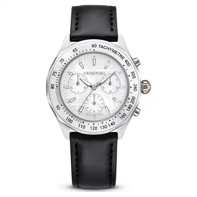 Dextera tachymetre watch Swiss Made, Leather strap, Silver tone, Stainless steel