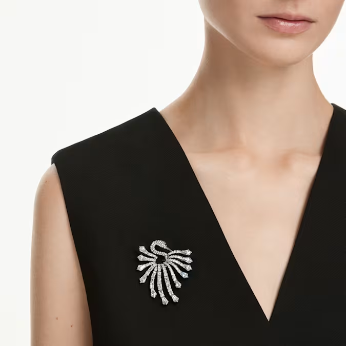 The Vienna Collection brooch Swan, White, Ruthenium plated