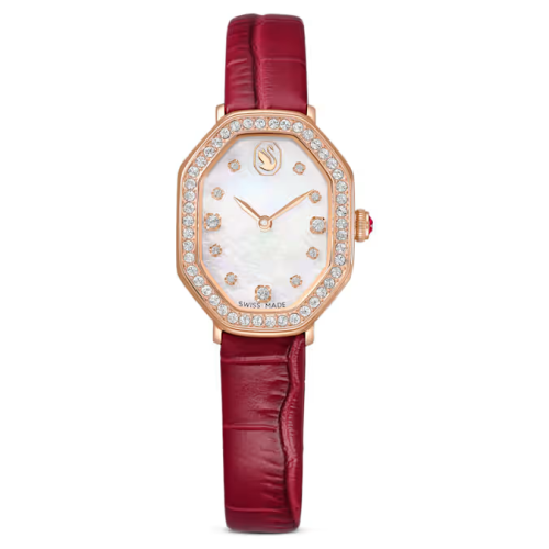 Dextera octagon watch Swiss Made, Leather strap, Red, Rose gold-tone finish