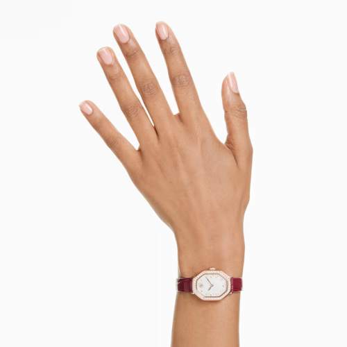 Dextera octagon watch Swiss Made, Leather strap, Red, Rose gold-tone finish