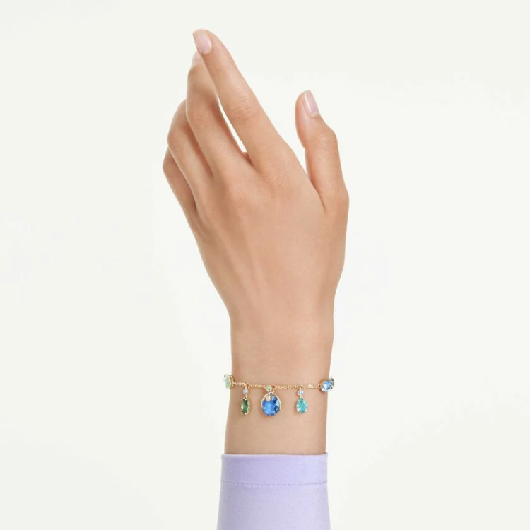 Gema bracelet Mixed cuts, Dangling crystals, Multicolored, Gold-tone plated