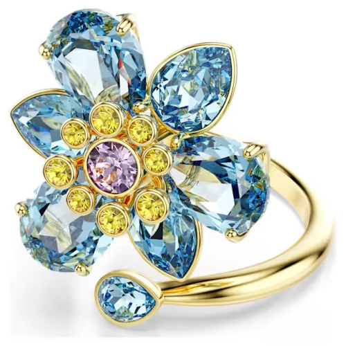 Idyllia open ring Mixed cuts, Flower, Blue, Gold-tone plated