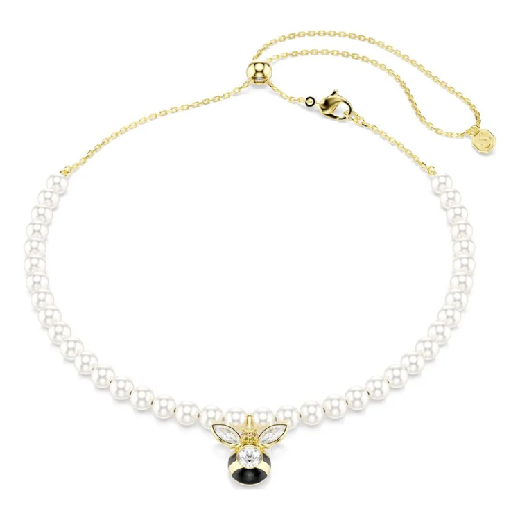Idyllia choker Crystal pearl, Mixed cuts, Bee, White, Gold-tone plated