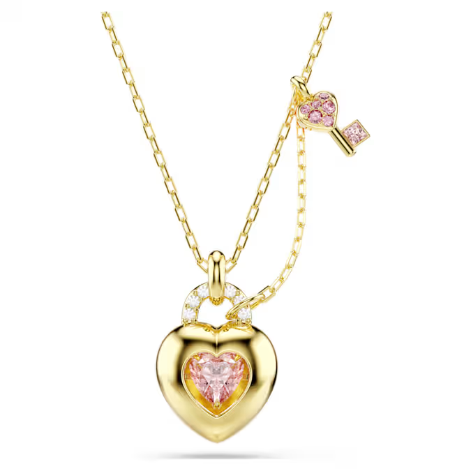 Idyllia pendant Mixed cuts, Heart, Key, Pink, Gold-tone plated