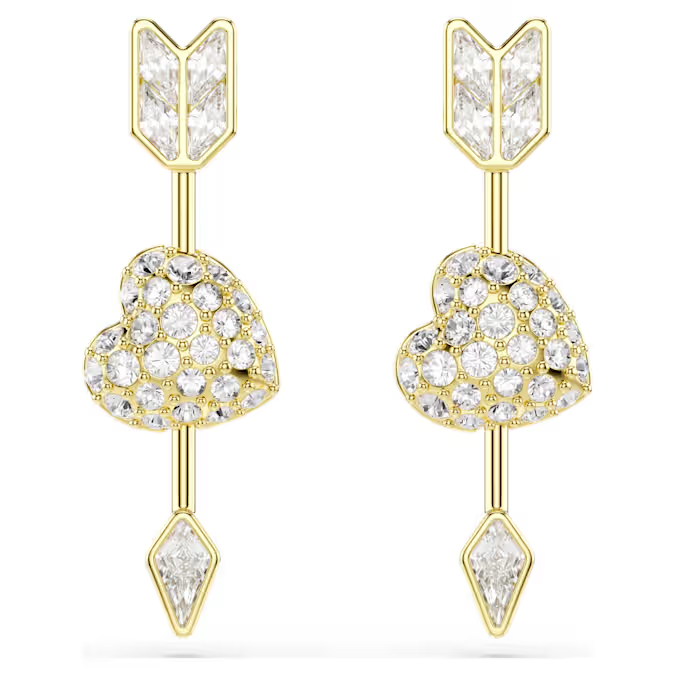 Idyllia drop earrings Mixed cuts, Heart with arrow, White, Gold-tone plated