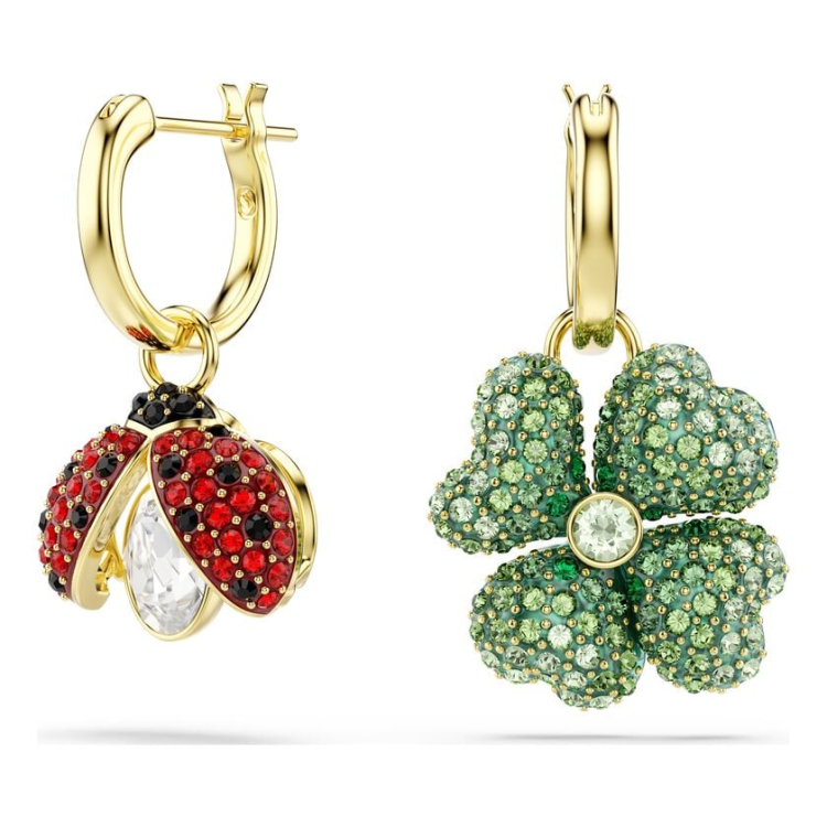 Idyllia drop earrings Set (3), Ladybug, Clover, Strawberry, Multicolored, Gold-tone plated