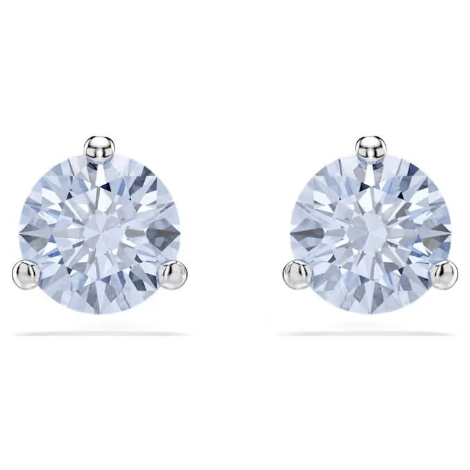 Solitaire stud earrings Round cut, Blue, Rhodium plated