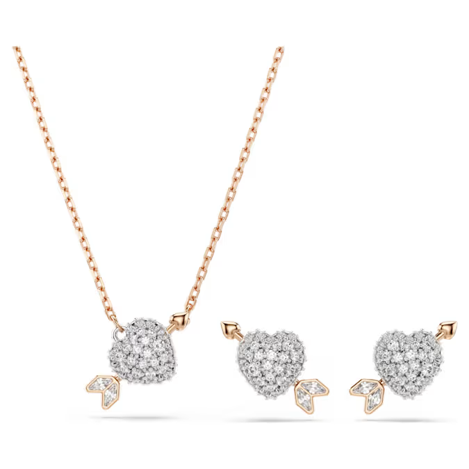 Idyllia set Mixed cuts, Heart with arrow, White, Rose gold-tone plated