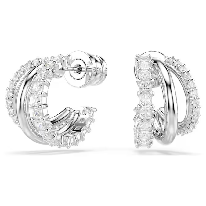 Hyperbola hoop earrings Round cut, Mini, White, Rhodium plated
