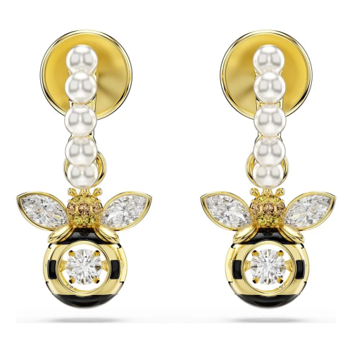 Idyllia drop earrings Crystal pearl, Mixed cuts, Bee, Multicolored, Gold-tone plated