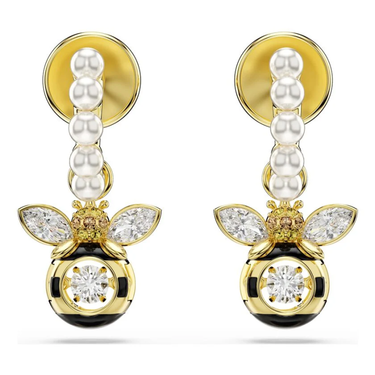 Idyllia drop earrings Crystal pearl, Mixed cuts, Bee, Multicolored, Gold-tone plated