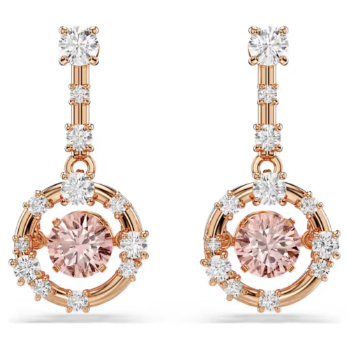 Constella drop earrings Round cut, Dancing stone, Pink, Rose gold-tone plated