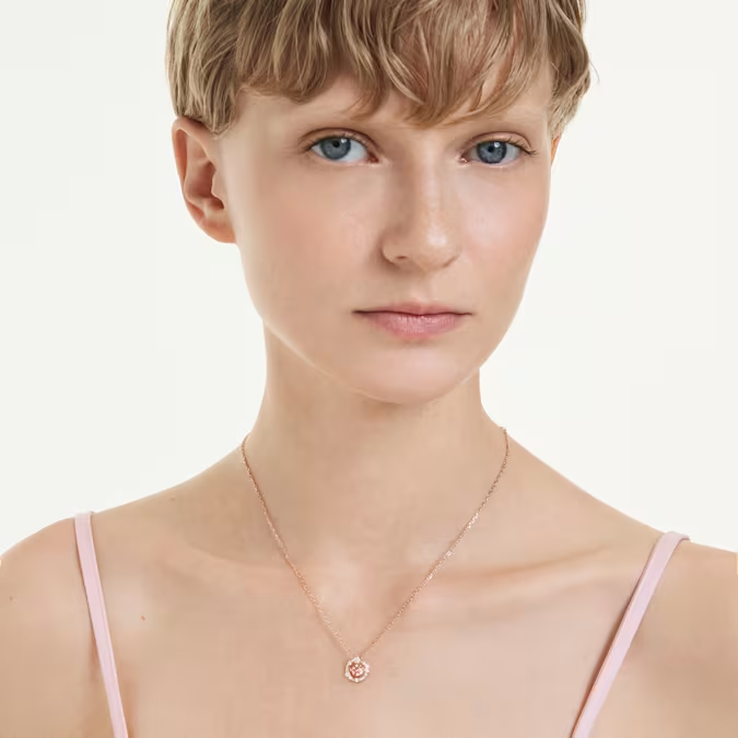 Constella pendant Round cut, Dancing stone, Pink, Rose gold-tone plated