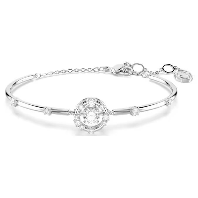 Constella bangle Round cut, Dancing stone, White, Rhodium plated